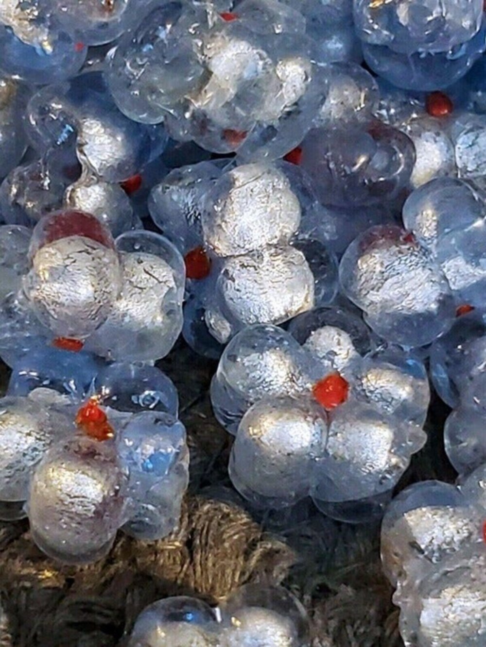 Vintage Icy Blue Handcrafted India Glass Flower Beads with Silver Foil 5 pcs - Picture 4 of 11